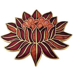 MMA Pink Red Enamel Water Lily Flower Brooch, Signed L123